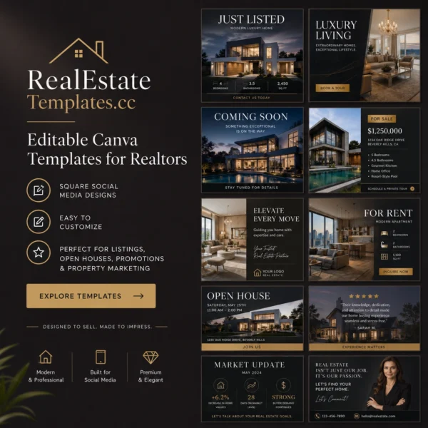1 Luxury Real Estate Canva Templates Bundle – Editable Social Media Designs for Realtors