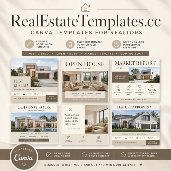 14 Elegant Real Estate Canva Templates Bundle for Realtors – Editable Social Media Designs