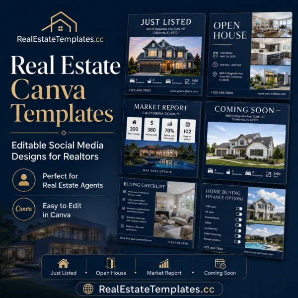 7 Real Estate Canva Templates Bundle – Editable Social Media Designs for Realtors